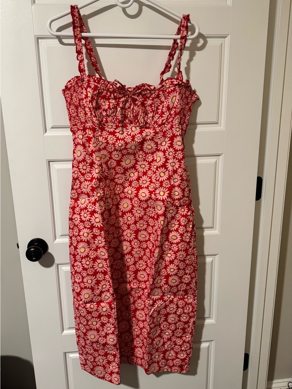 NWT Free People Stretch Cotton Smocked Midi Dress, Red Flower Print, Size L